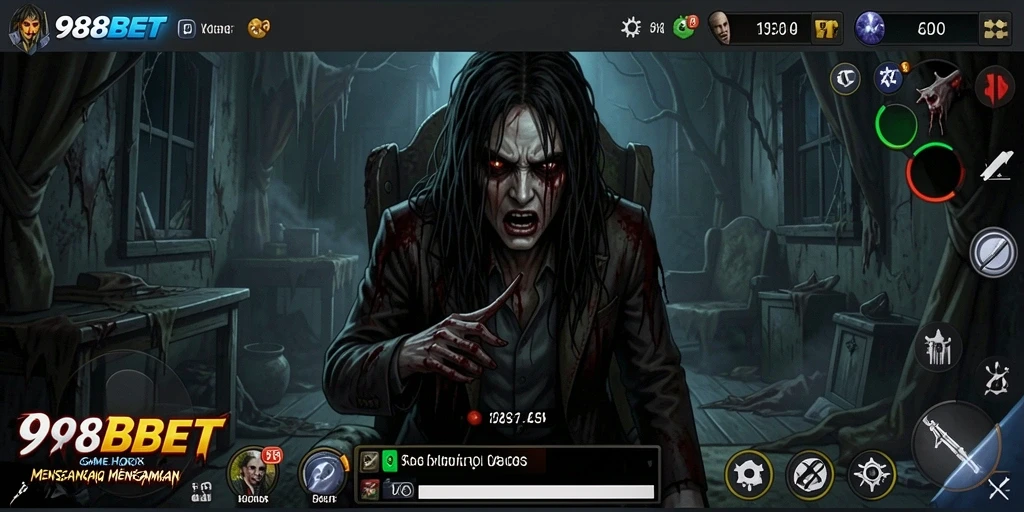 Tampilan gameplay menegangkan di 988BET dengan suasana horor yang mencekam.