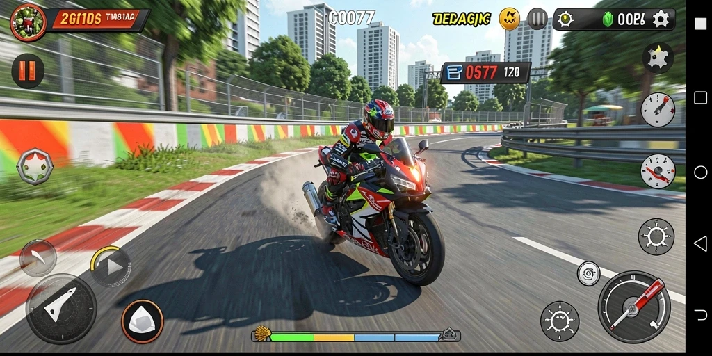 Tangkapan layar C0077 dengan akselerasi tinggi dalam balapan motor yang seru.