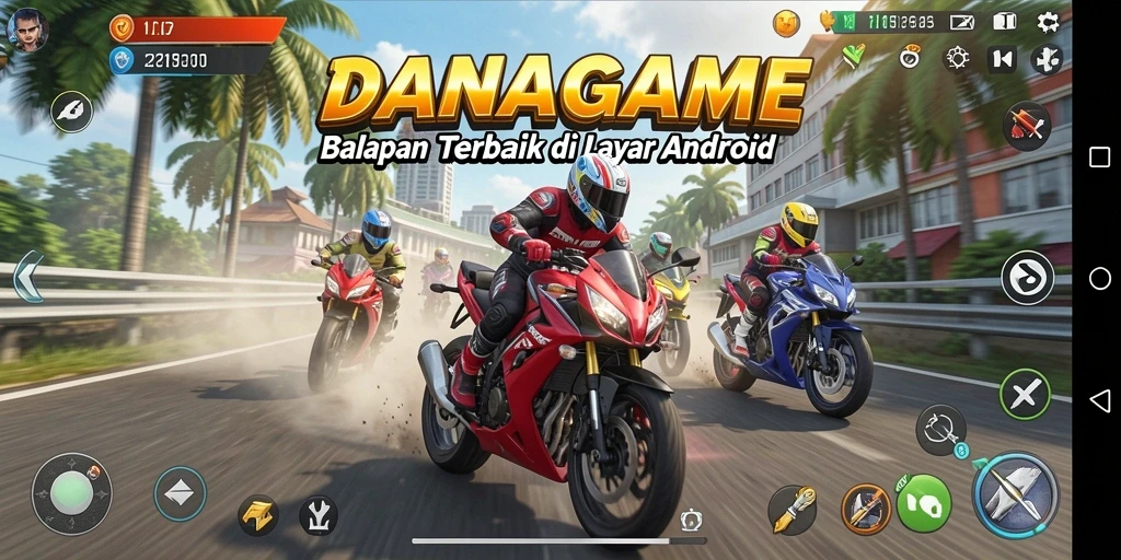 Tampilan gameplay menegangkan dalam DANAGAME dengan balapan motor seru.