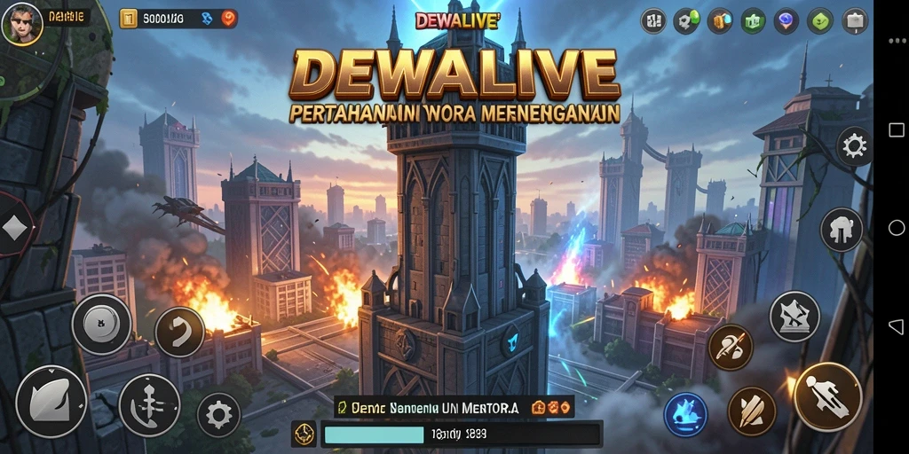 Tampilan gameplay DEWALIVE menampilkan strategi menara yang mendebarkan.