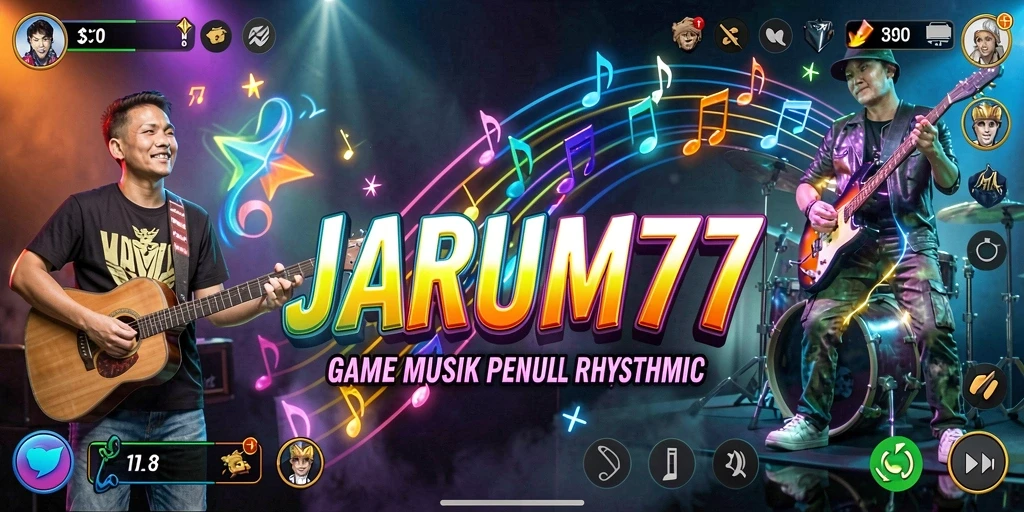 Screenshot utama JARUM77 menampilkan gameplay musik yang seru dan interaktif.