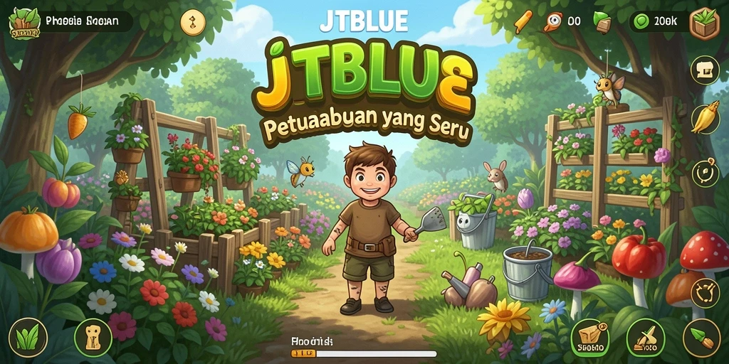 Tangkapan layar dari gameplay JTBLUE yang menunjukkan kebun yang indah.