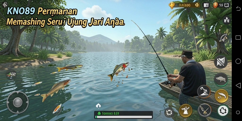 Screenshot gameplay KNO89 dengan aksi memancing yang menegangkan.