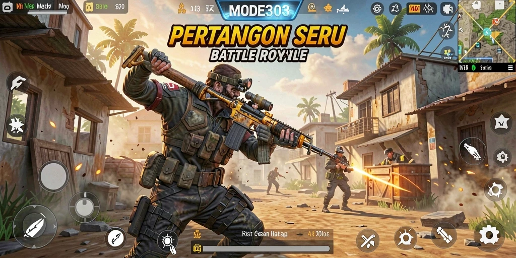 Screenshot utama MODE303 menampilkan aksi seru dalam game Battle Royale.