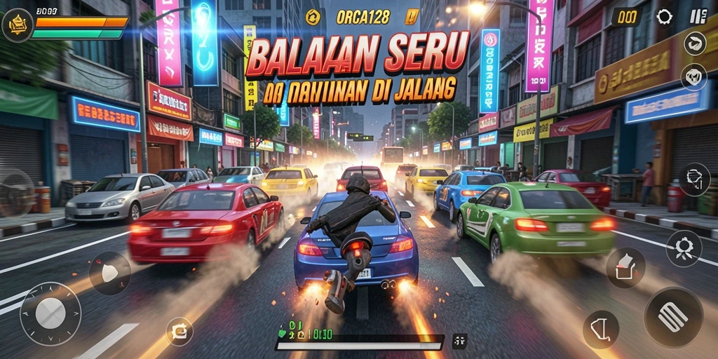 Tampilan gameplay menegangkan dalam balapan cepat ORCA128.