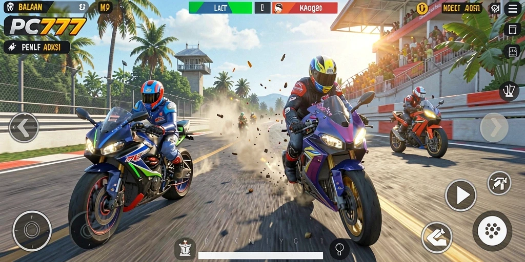 Screenshot gameplay PC777 yang menampilkan aksi balapan motor yang seru.