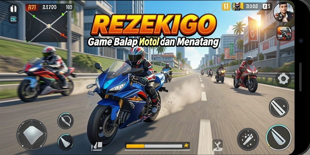 Screenshot gameplay REZEKIGO menampilkan aksi balap seru dengan motor cepat.