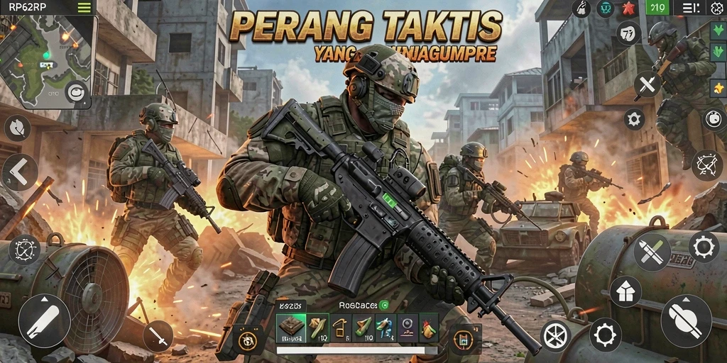 Screenshot utama RP62RP menampilkan aksi tembak-tembakan yang mendebarkan.