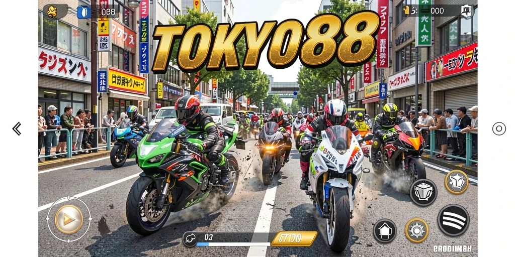 Screenshot gameplay TOKYO88 memperlihatkan kecepatan dan intensitas balapan motor.