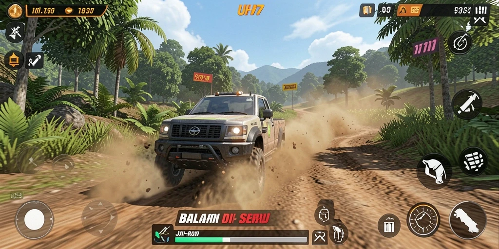 Screenshot gameplay <strong>UH77</strong> menampilkan balapan seru di medan off-road yang indah.