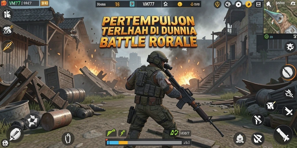 Tangkapan layar VM777 yang menampilkan aksi pertempuran Battle Royale yang mendebarkan.