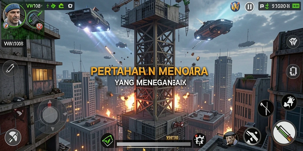 Screenshot gameplay VW108 menampilkan aksi menara pertahanan yang mendebarkan.